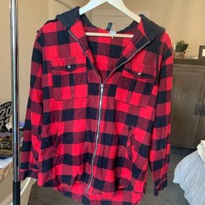 black & red zip up flannel hoodie
